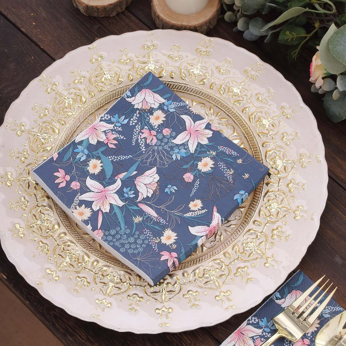 50-Pack Paper Beverage Napkins with Water Lily Floral Design Navy Blue - 2 Ply Soft 18GSM Wedding Napkins 6.5"x6.5"
