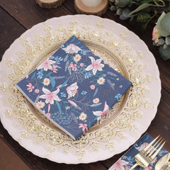 50-Pack Paper Beverage Napkins with Water Lily Floral Design Navy Blue - 2 Ply Soft 18GSM Wedding Napkins 6.5"x6.5"