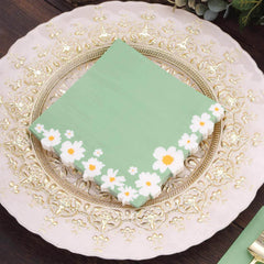 50-Pack Paper Beverage Napkins with Daisy Flower Design Sage Green - 2 Ply Soft 18GSM Floral Wedding Napkins 6.5"x6.5"