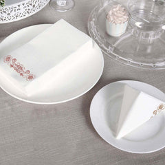 20 Pack White Linen-Feel Dinner Paper Napkins with Rose Gold Floral Print, Premium Cloth-Like Airlaid Disposable Napkins, Soft and Absorbent Guest Towels