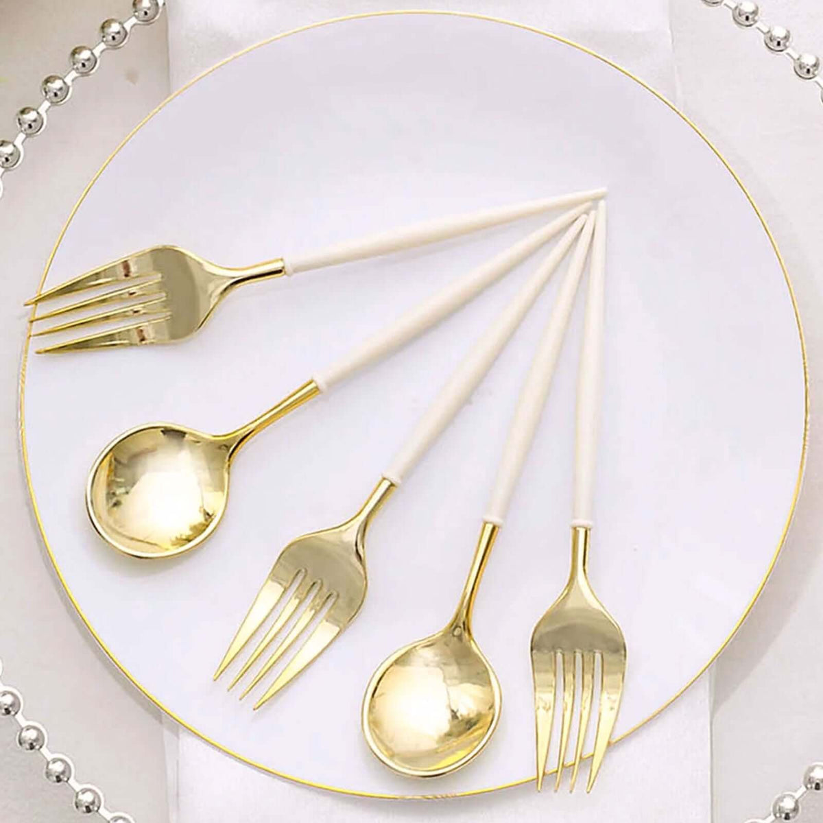 24-Pack Plastic Fork and Spoon Set Gold/Ivory - Heavy Duty Disposable Modern Utensils 6"