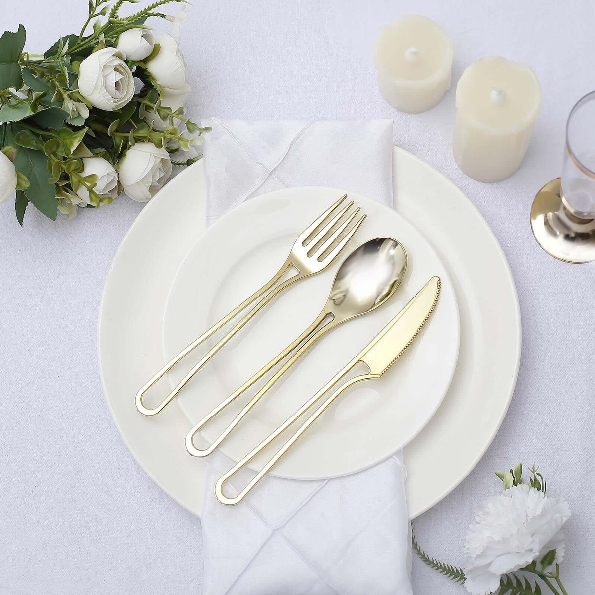24-Pack Plastic Utensil Set with Modern Hollow Handle Design Gold - Disposable Silverware 7" for Parties
