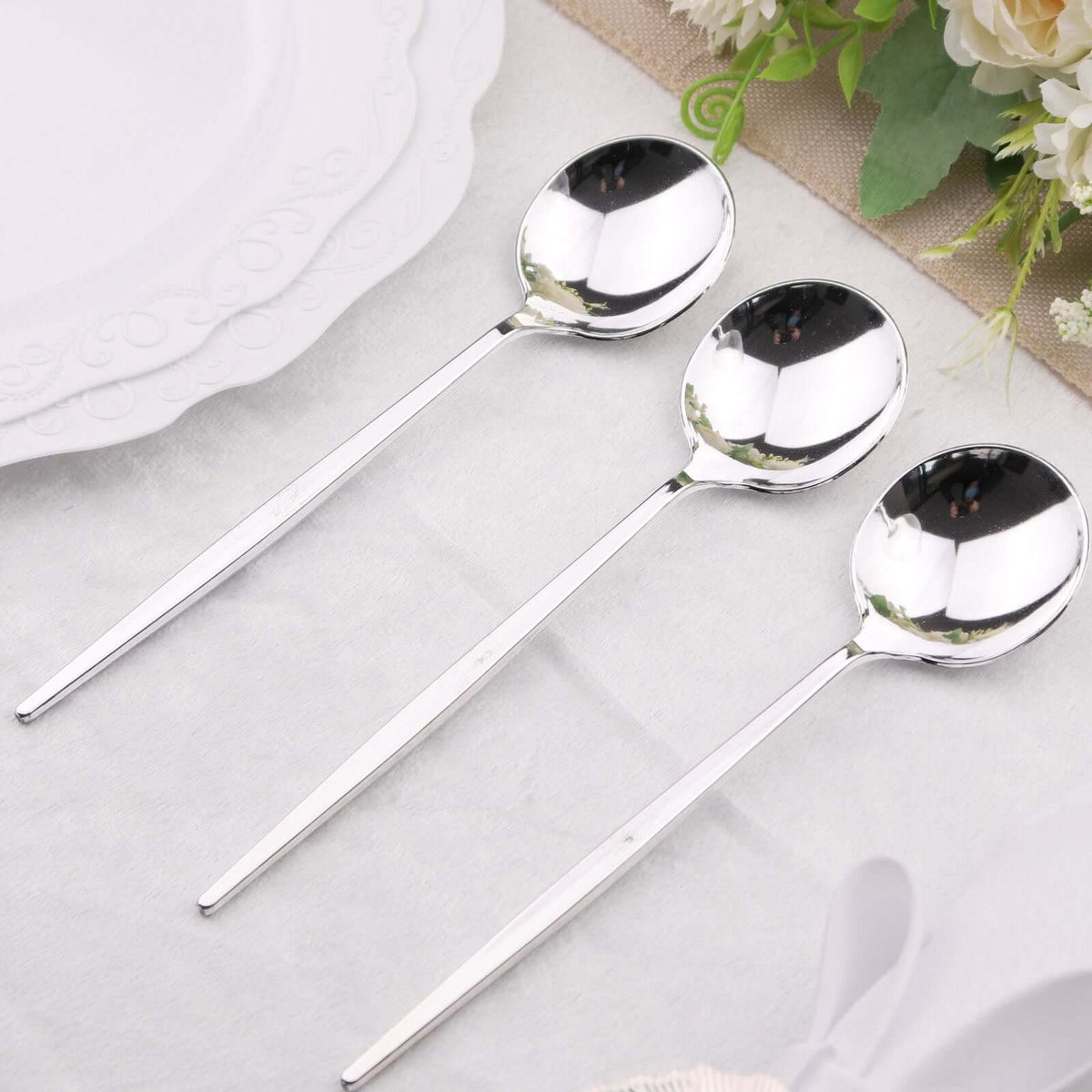 24-Pack Plastic Spoons Glossy Silver - Premium Heavy Duty Disposable Silverware 8"