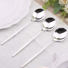 24-Pack Plastic Spoons Glossy Silver - Premium Heavy Duty Disposable Silverware 8"