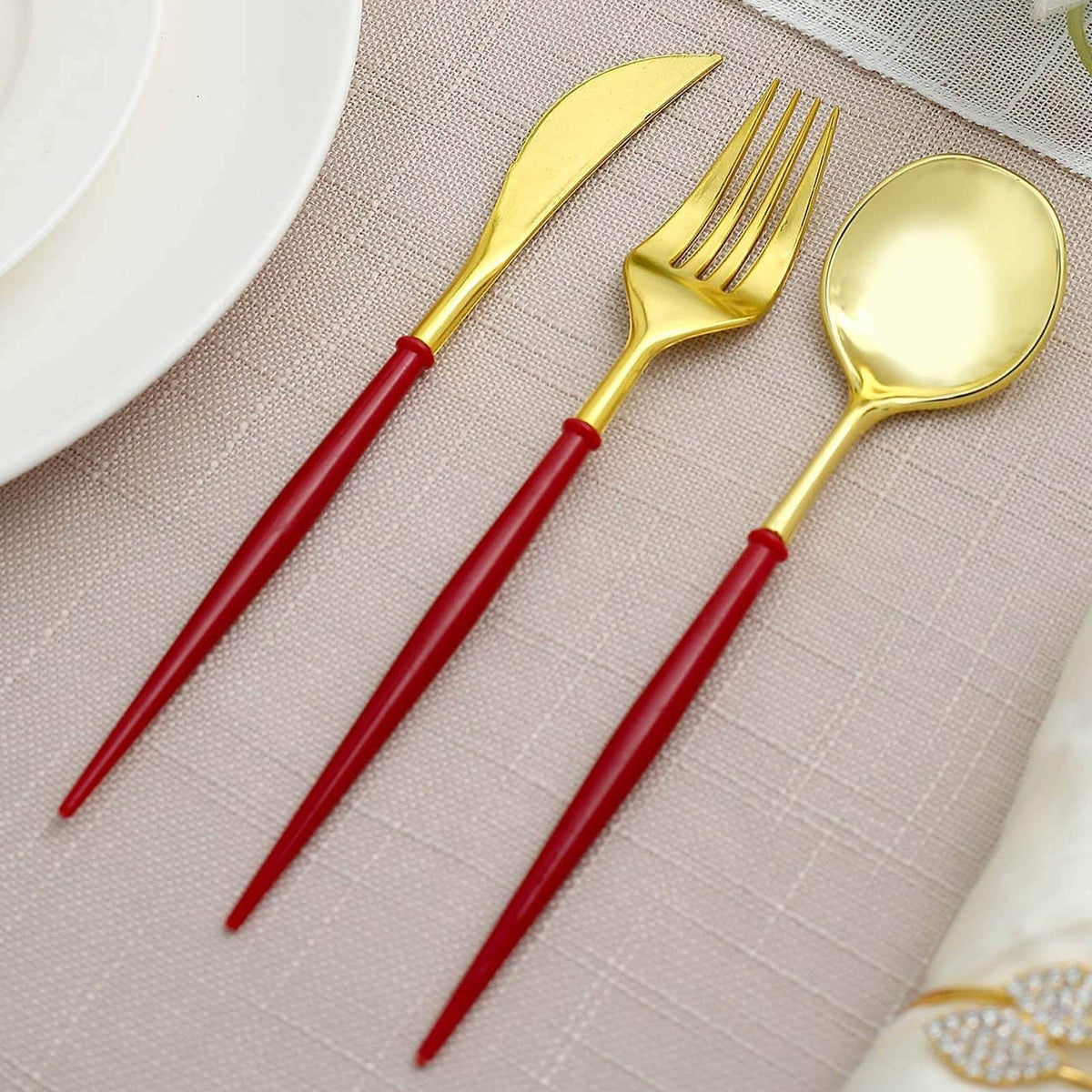 24-Pack Plastic Flatware Set in Metallic Gold with Red Handle - Heavy Duty Disposable Modern Silverware 8"