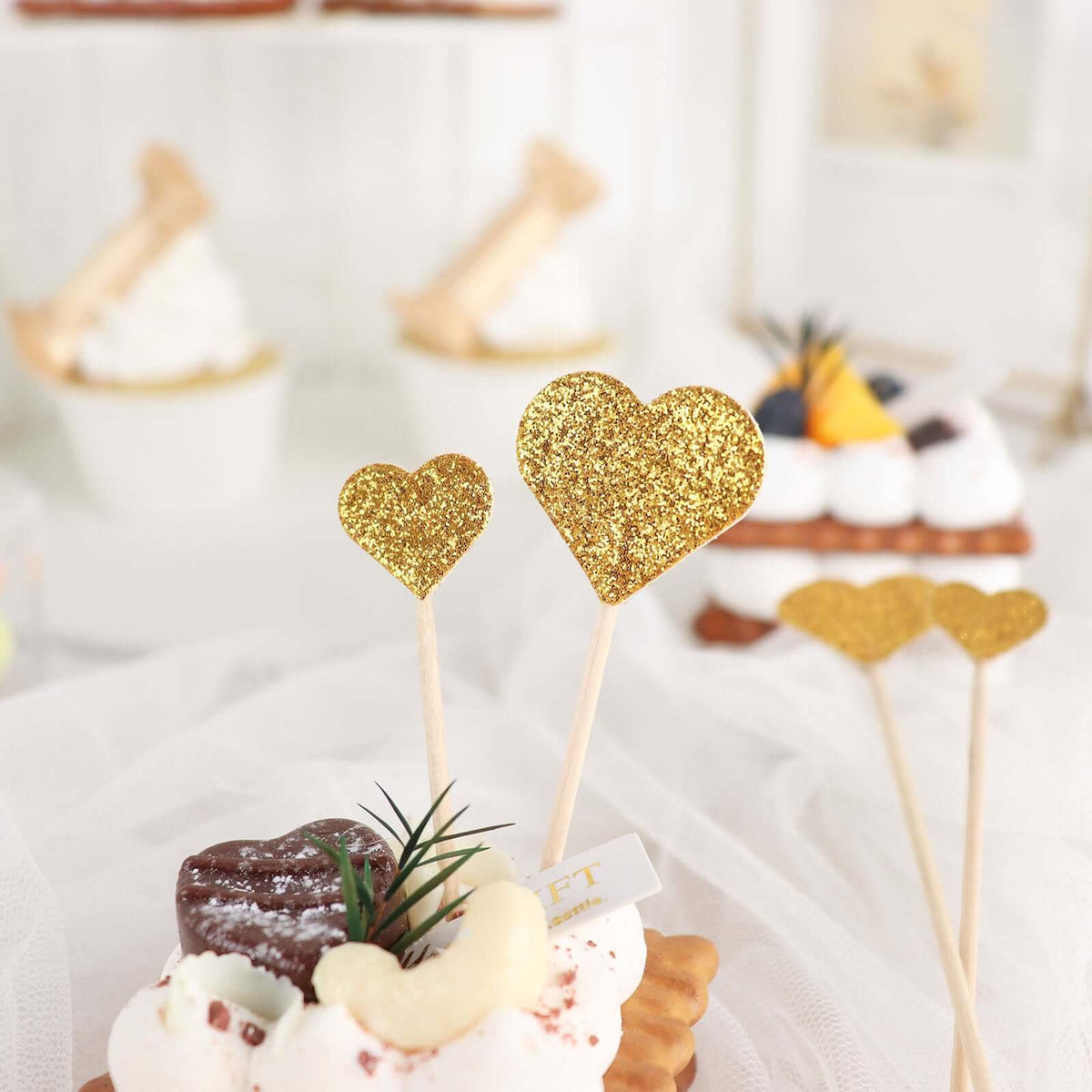 24-Pack Cupcake Topper Picks Heart Shaped Design Glitter Gold - Party Cake Toppers 4.5", 4"