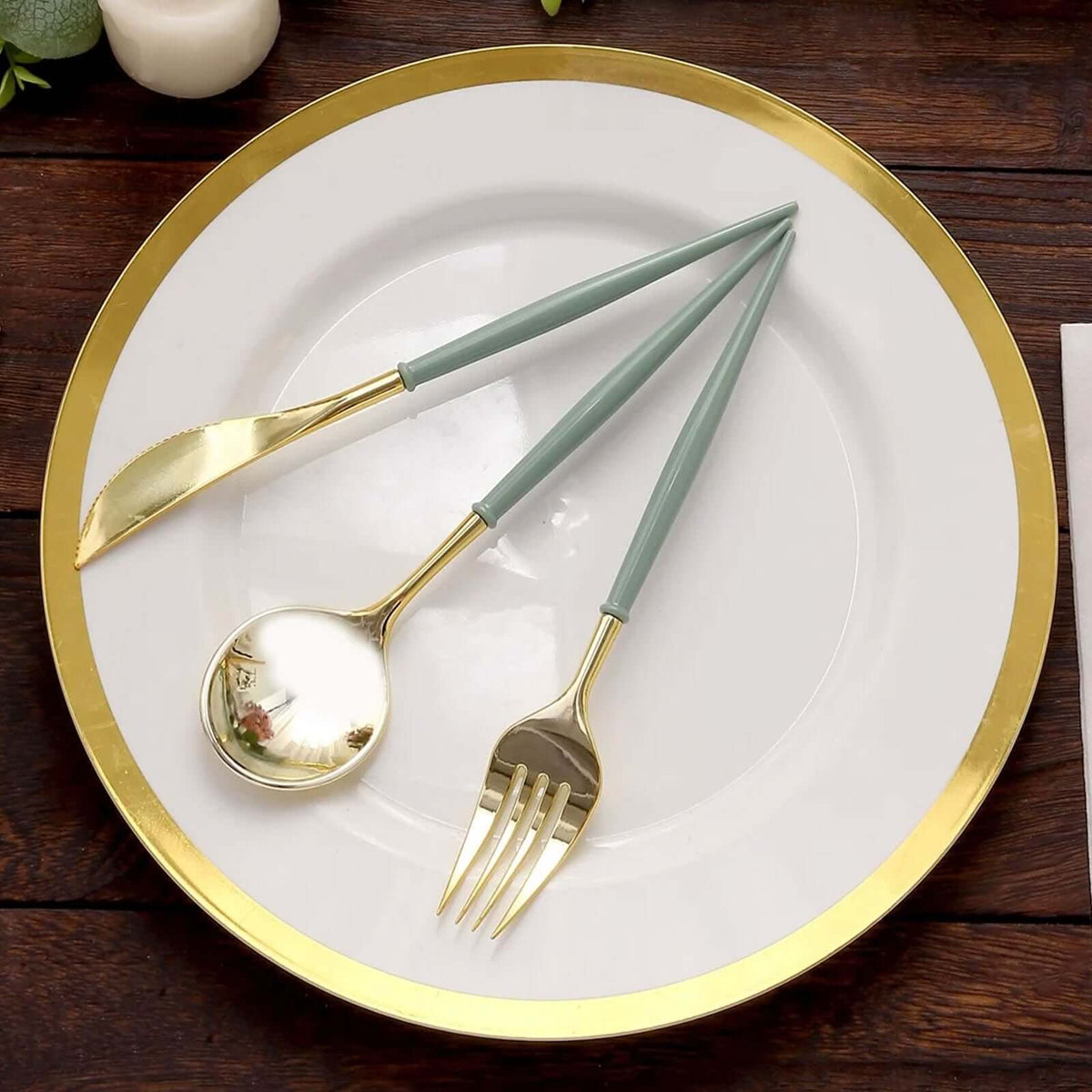 24-Pack Plastic Flatware Set in Metallic Gold with Dusty Sage Green Handle - Heavy Duty Disposable Modern Silverware 8"