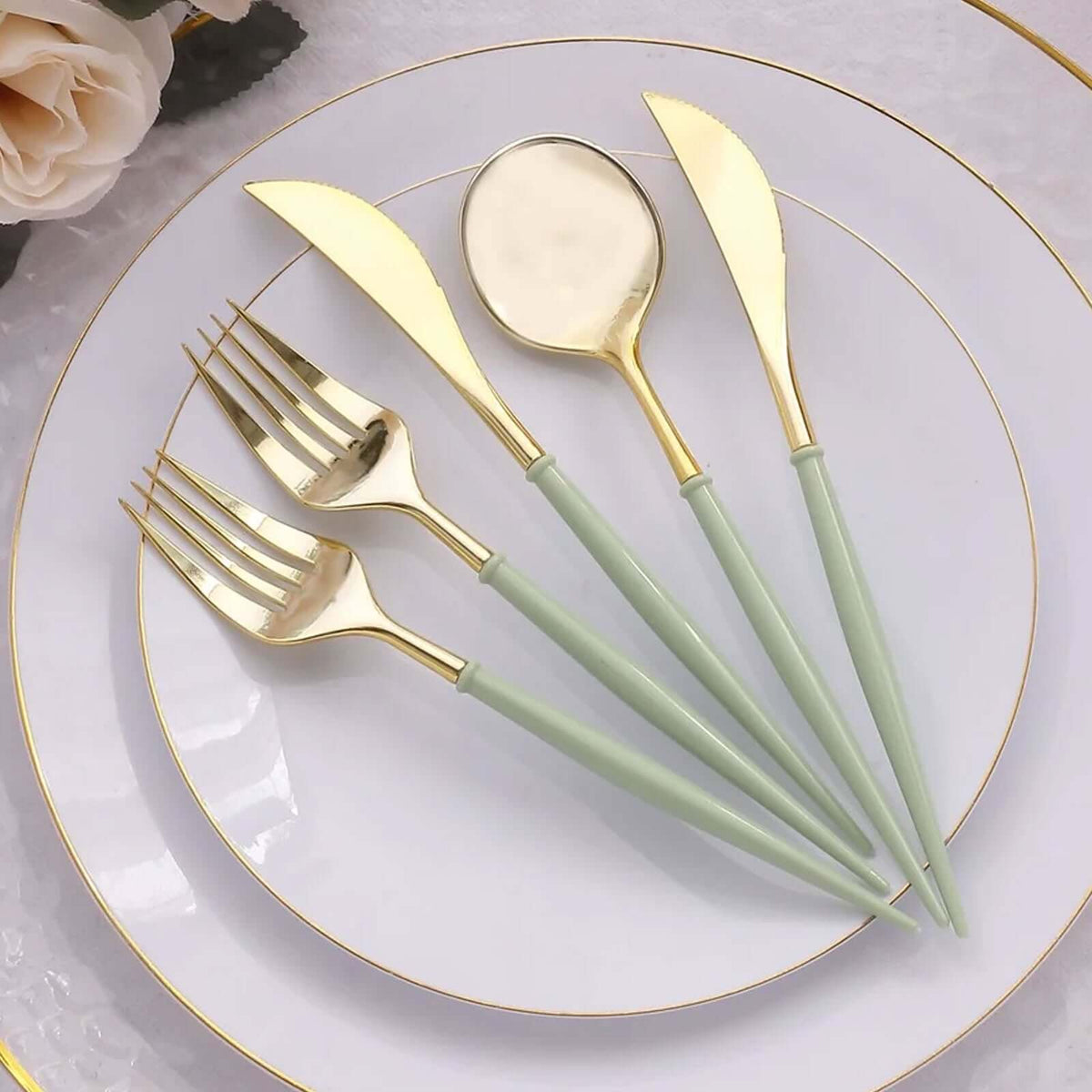 24-Pack Plastic Flatware Set in Metallic Gold with Sage Green Handle - Heavy Duty Disposable Modern Silverware 8"