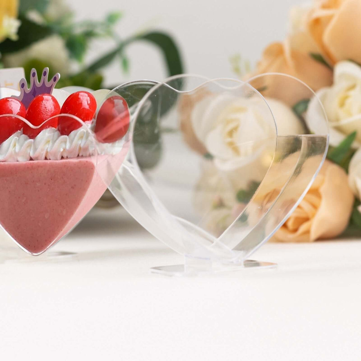 24-Pack Plastic Dessert Parfait Cups Heart-Shaped Clear with Spoons - Reusable and Disposable 2oz