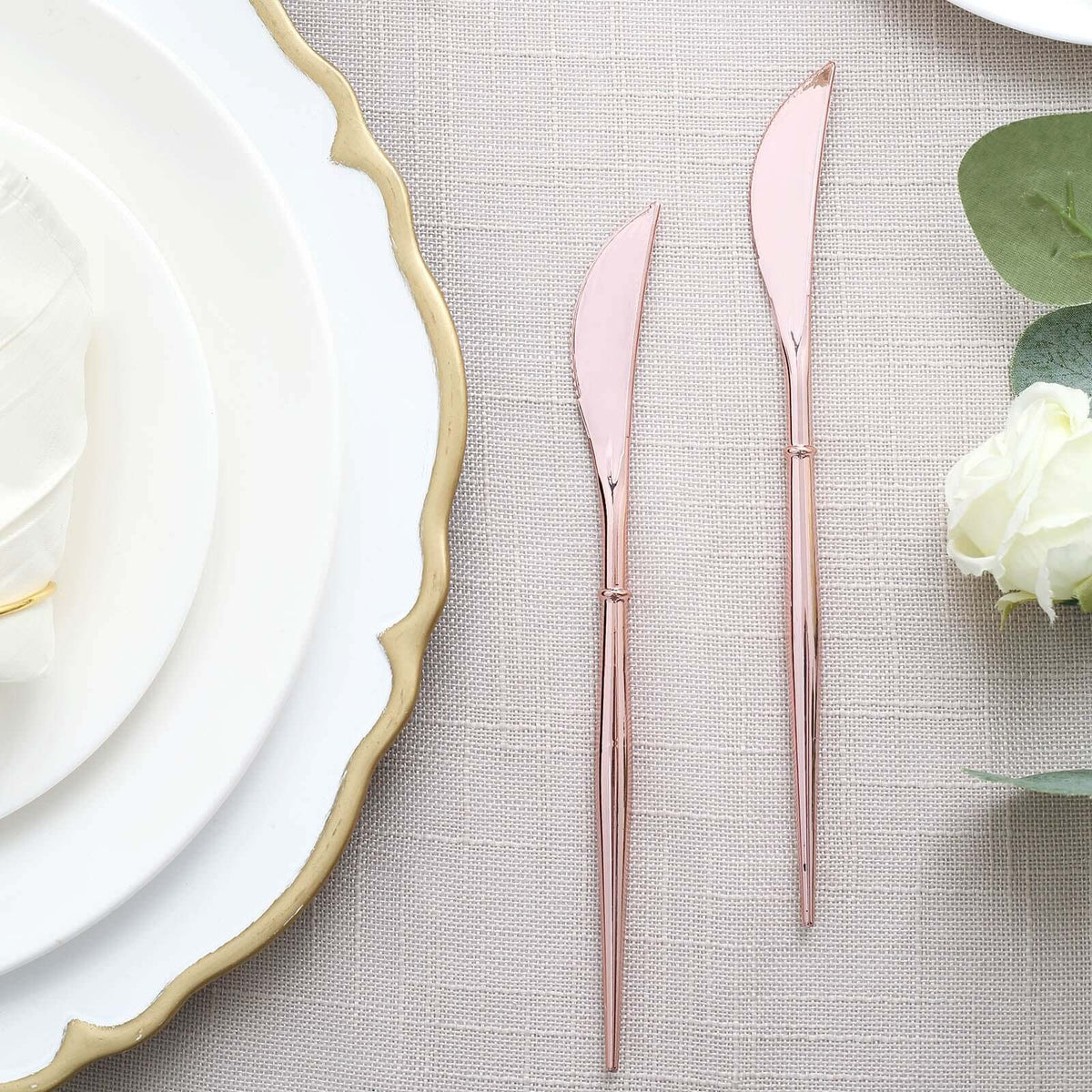 24-Pack Plastic Knives Modern Flatware Rose Gold - Premium Heavy Duty Disposable Silverware 8"