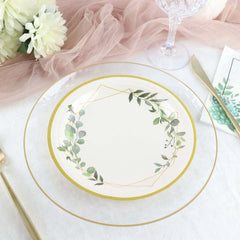 24-Pack Paper 7" Round Dessert Plates in White with Eucalyptus Leaves & Gold Rim - Disposable 300GSM Salad Plates for Garden Weddings & Celebrations