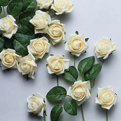 24 Roses 2" Cream Artificial Foam Flowers With Stem Wire and Leaves