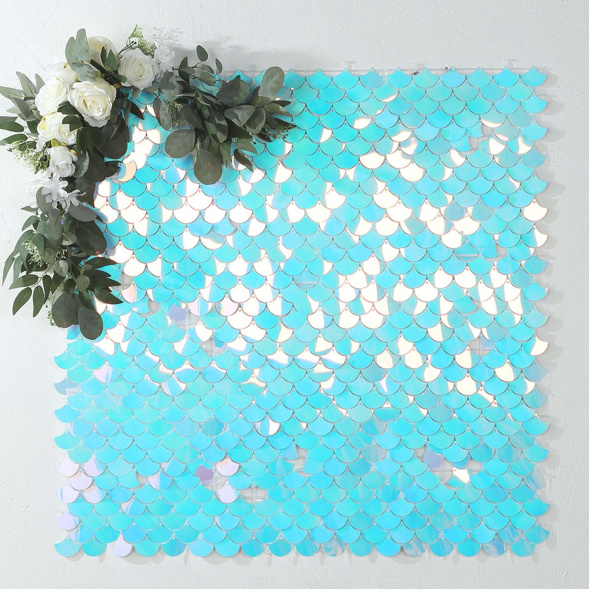 24sq.ft Shiny Iridescent Blue Sequin Shimmer Wall Photo Backdrop with Mermaid Scales Pattern, Party Wall Art Décor Panels - 24 Panels
