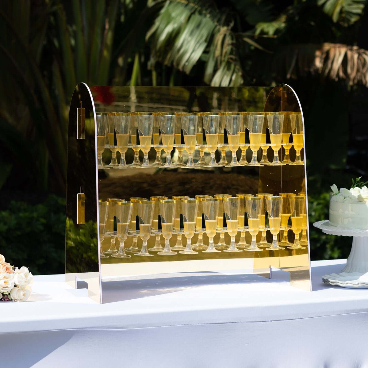 2-Tier Champagne Glass Holder Display Stand Table Top in Gold Mirror Finish - Modern Stemware Rack Cocktail Drink Holder with 18 Hooks for Events & DIY Bars 25"