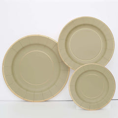 25-Pack Paper 10" Round Dinner Plates in Khaki Sunray Design with Gold Rim - Disposable Heavy Duty 350GSM Party Plates