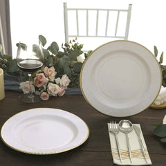 25-Pack Paper 10" Round Dinner Plates in White Sunray Design with Gold Rim - Disposable Heavy Duty 350GSM Party Plates