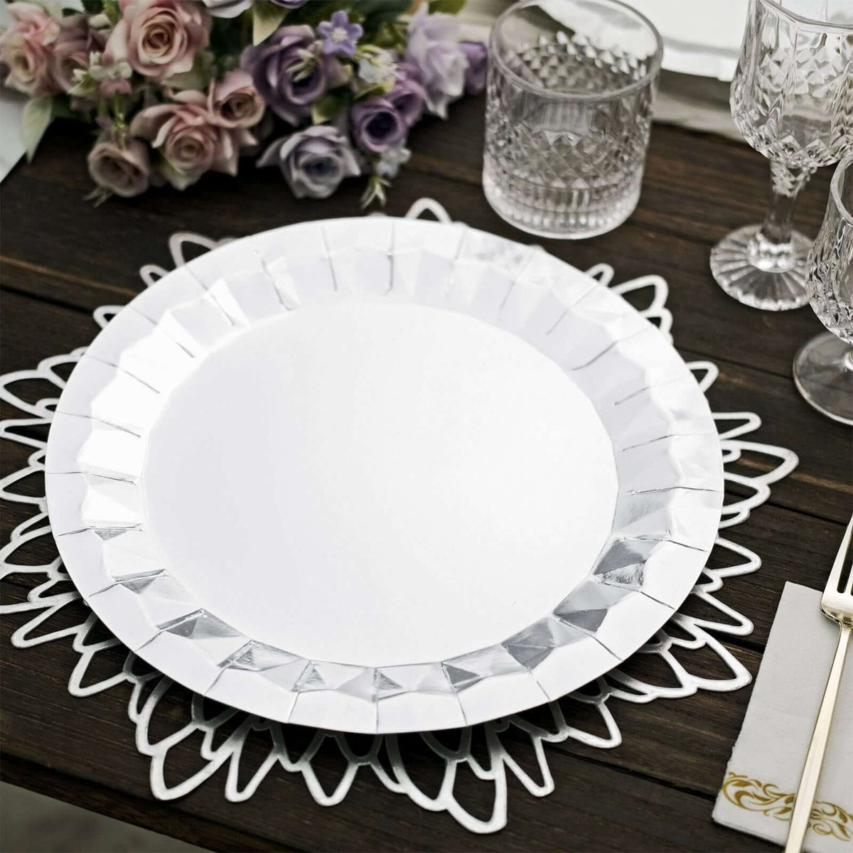 25-Pack Paper 12" Round Charger Plates in Metallic Silver with Geometric Prism Design - Disposable 400GSM Serving Trays