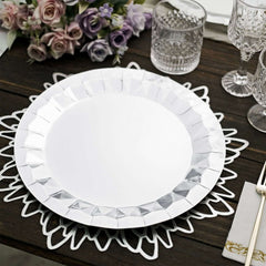 25-Pack Paper 12" Round Charger Plates in Metallic Silver with Geometric Prism Design - Disposable 400GSM Serving Trays