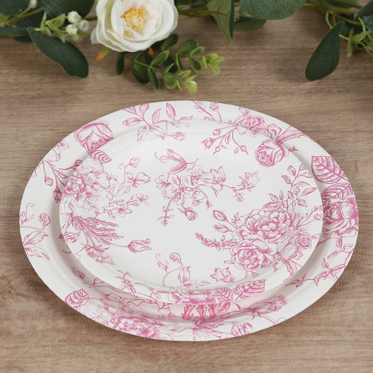 25-Pack Paper 7" Round Dessert Plates in White with Matte Pink French Toile Pattern - Disposable Floral Salad Appetizer Plates