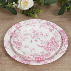25-Pack Paper 7" Round Dessert Plates in White with Matte Pink French Toile Pattern - Disposable Floral Salad Appetizer Plates