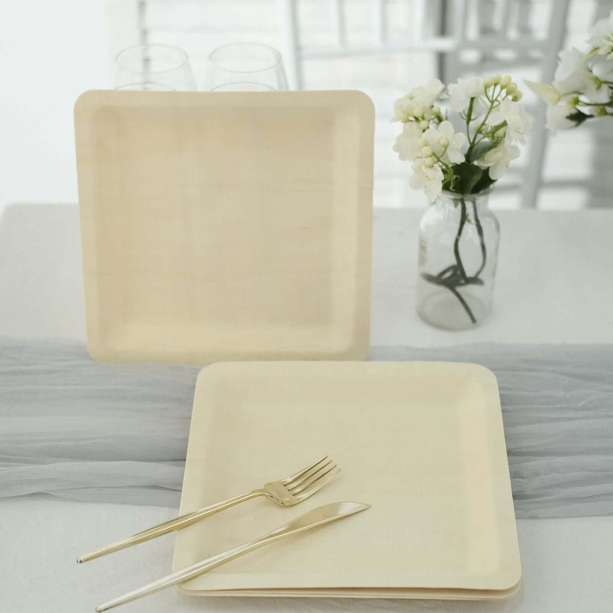 25-Pack Poplar Wood 9" Square Dinner Plates - Natural Eco Friendly Wooden Disposable Plates for Farmhouse-Style Events, Parties & Gatherings