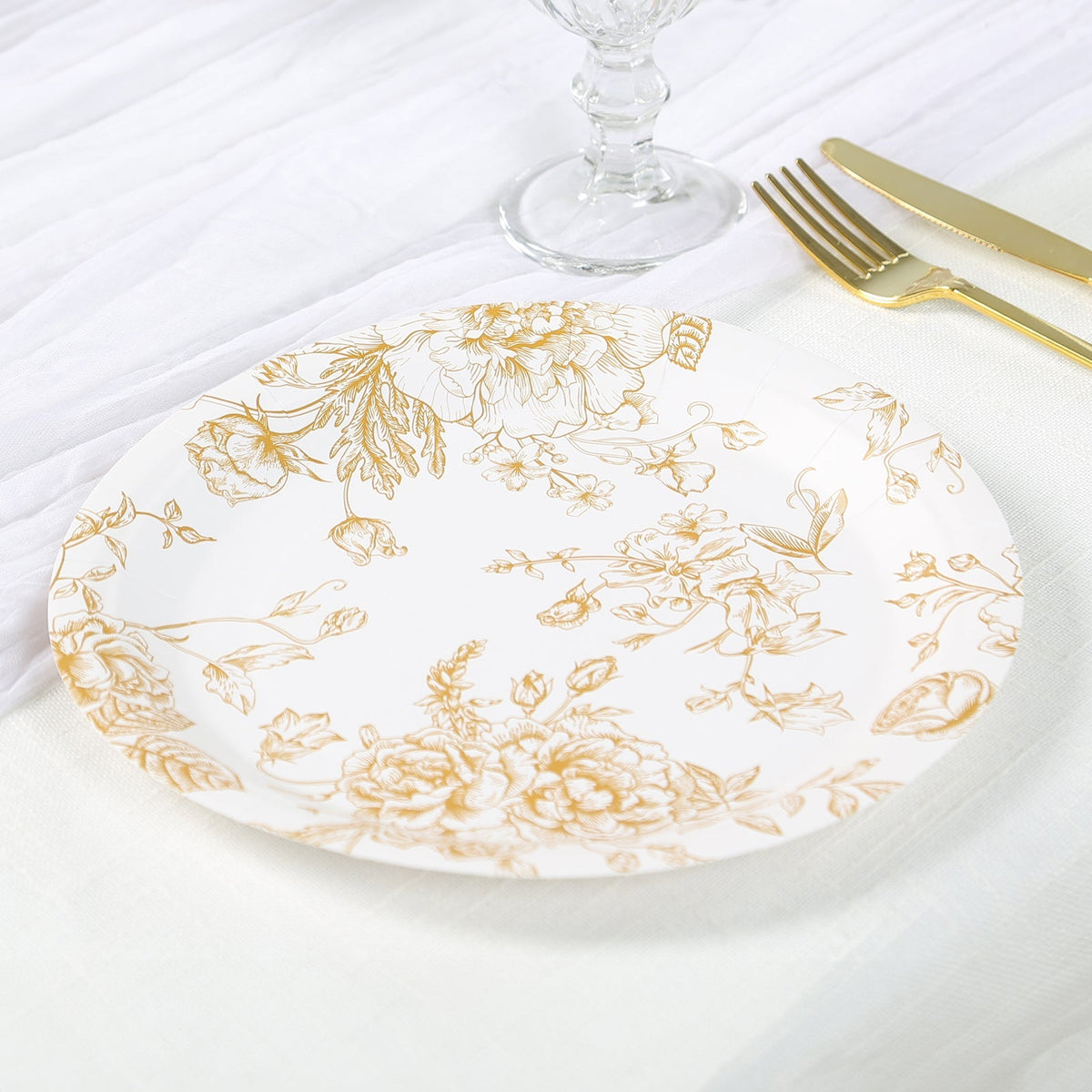25-Pack Paper 9" Round Dinner Plates in White with Gold French Toile Pattern - Disposable Floral Party Plates for Stylish Events