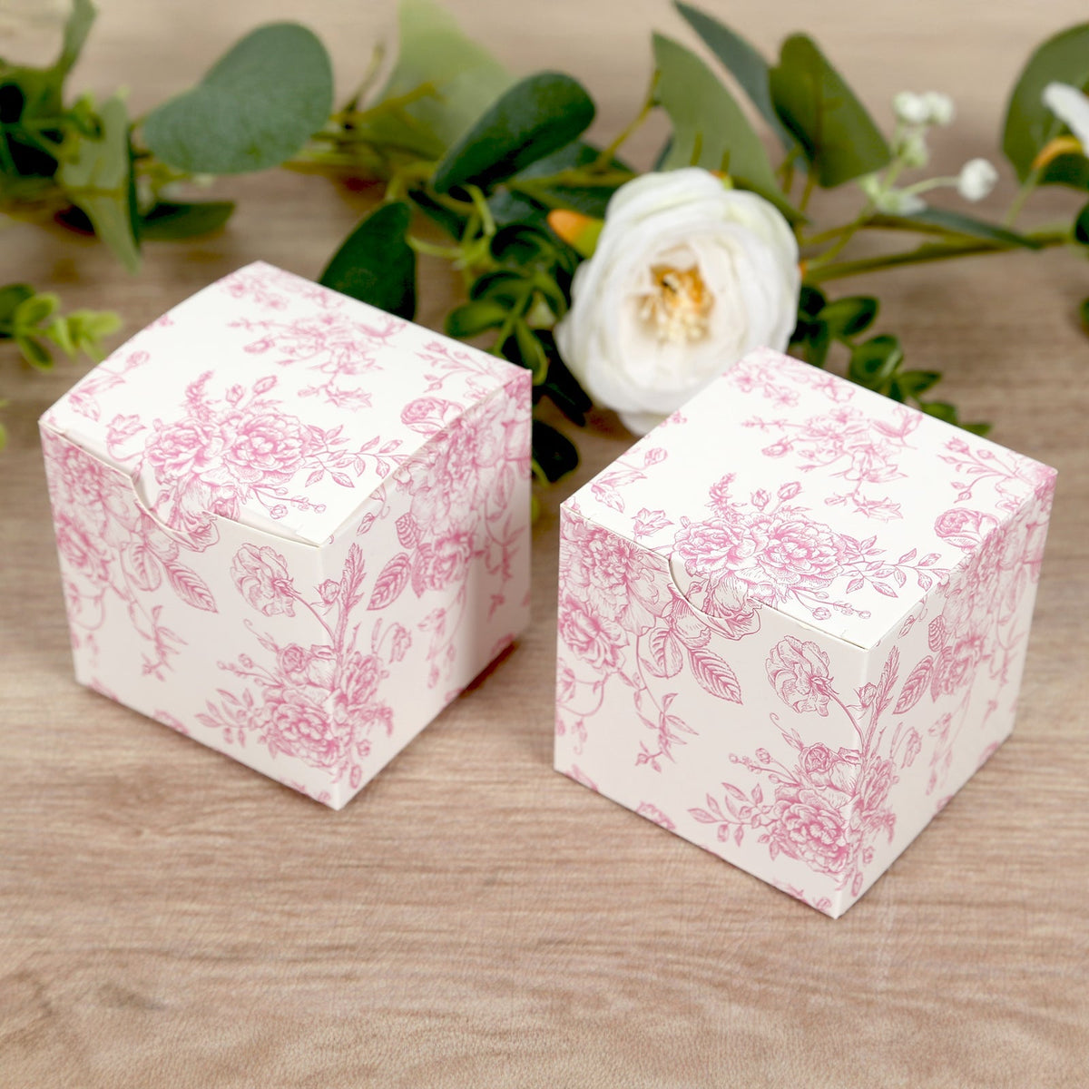 25 Pack Candy Treat Favor Boxes in French Toile Pattern - Matte Pink and White Party Gift Boxes, Cardstock Paper - 3"x3"