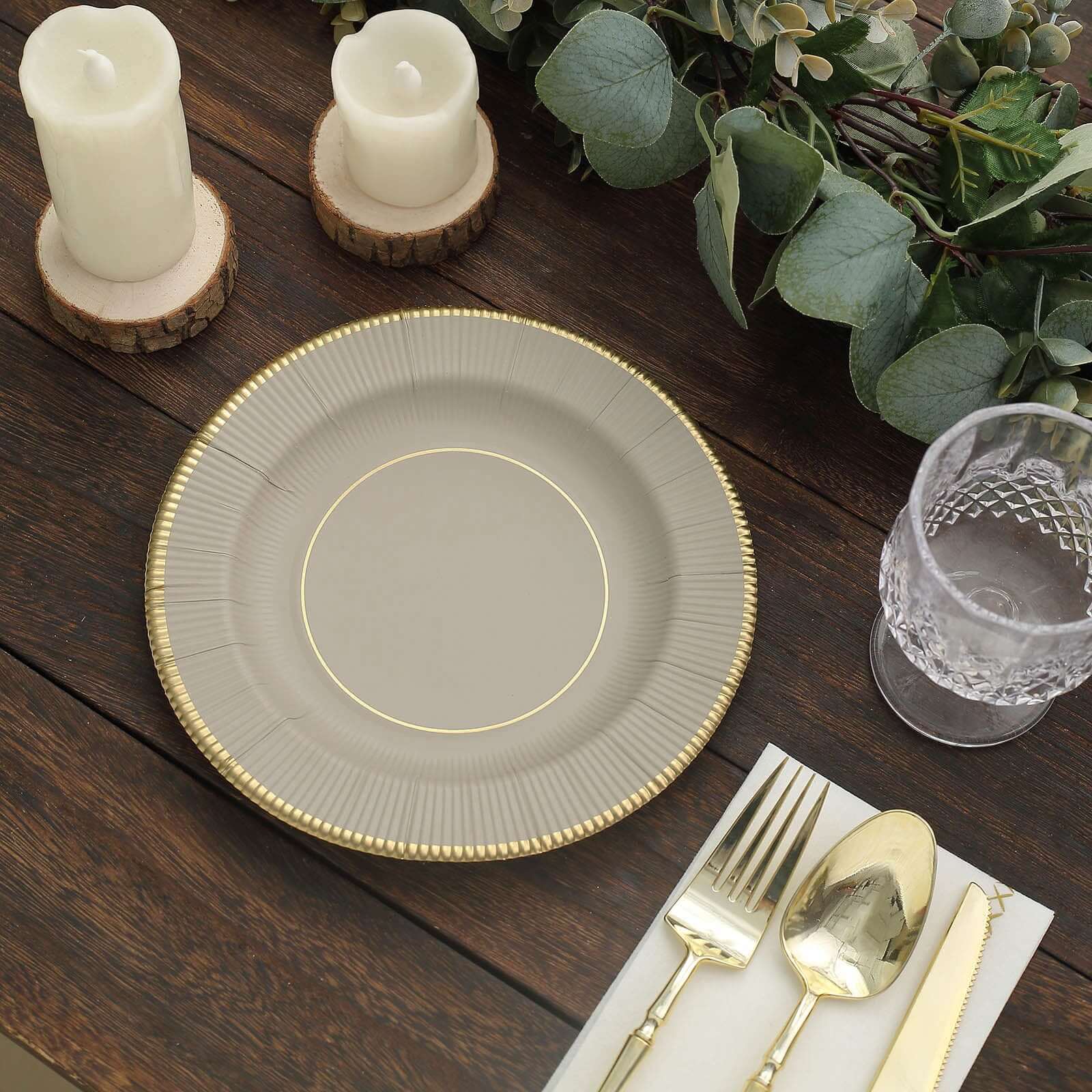 25-Pack Paper 8" Round Dessert Plates in Taupe Sunray Design with Gold Rim - Disposable Heavy Duty 350GSM Appetizer Salad Plates