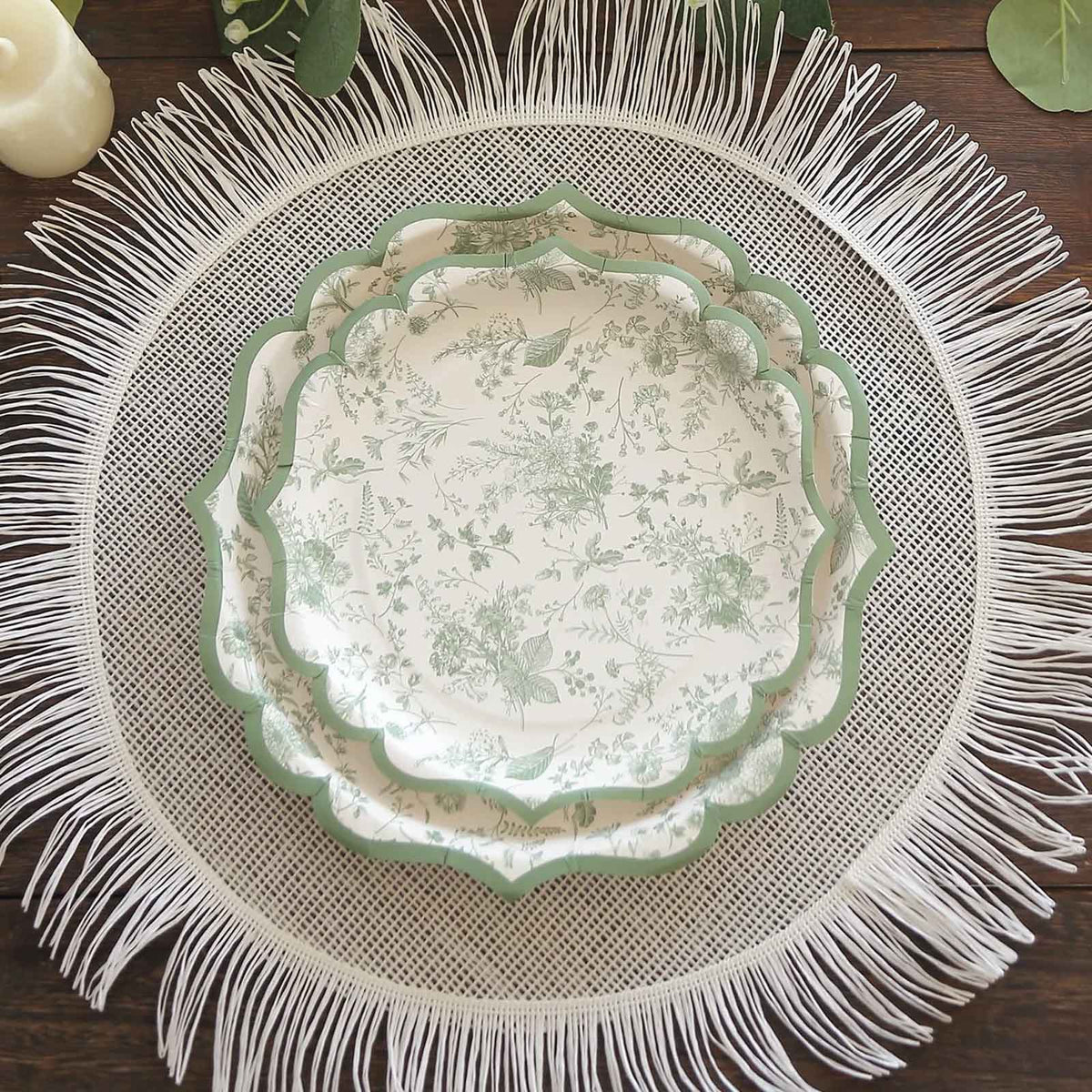 25-Pack Paper 8" Round Dessert Plates in White with Sage Green French Toile Design & Scalloped Rim - Disposable 300GSM Salad Appetizer Plates for Stylish Table Decor