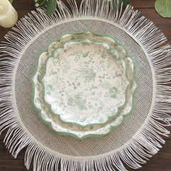 25-Pack Paper 8" Round Dessert Plates in White with Sage Green French Toile Design & Scalloped Rim - Disposable 300GSM Salad Appetizer Plates for Stylish Table Decor