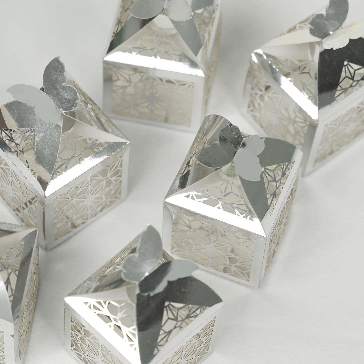 25 Pack Silver Butterfly Top Laser Cut Lace Favor Candy Gift Boxes