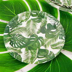 25-Pack Paper 7" Round Dessert Plates in White with Tropical Palm Leaf Design - Disposable 300GSM Appetizer Salad Plates for Boho Chic & Jungle Themed Events