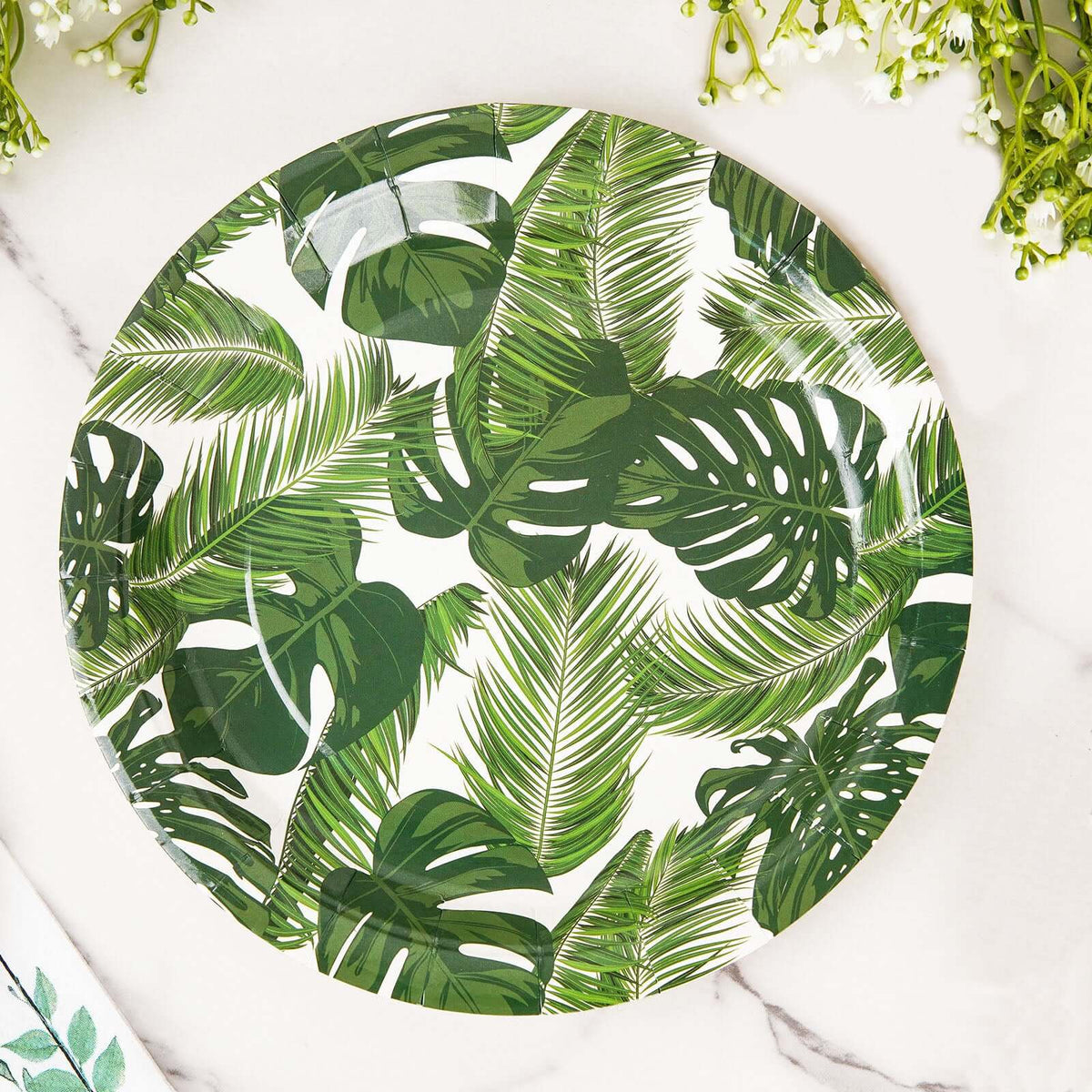 25-Pack Paper 9" Round Dinner Plates in White with Tropical Palm Leaf Design - Disposable 300GSM Party Plates for Luau & Summer Gatherings