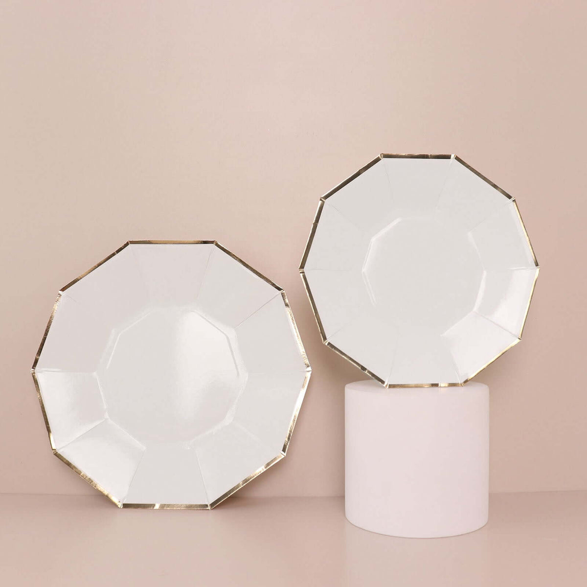 25-Pack Paper 7" Decagon Appetizer Plates in White with Gold Foil Rim - Stylish Geometric Dessert/Salad Plates for Cocktail Parties & Receptions