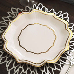 25-Pack Paper Dinner Plates in White with Gold Scallop Rim - Disposable 300GSM Party Plates for Classy Banquets & Celebrations 10"