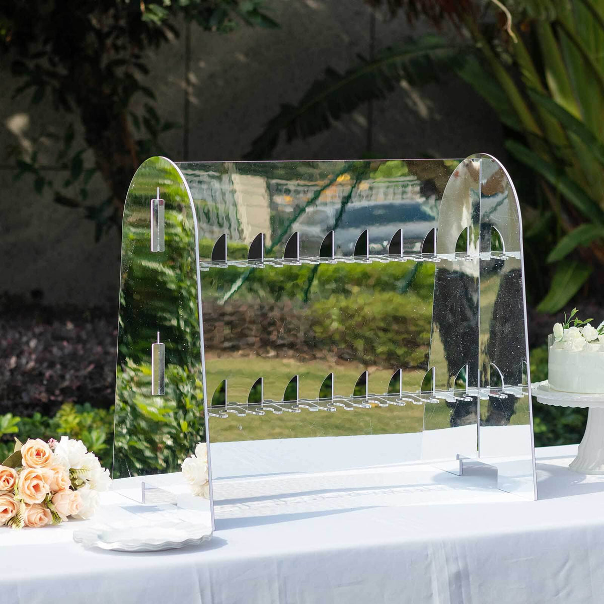 2-Tier Champagne Glass Holder Display Stand Table Top in Silver Mirror Finish - Modern Stemware Rack Cocktail Drink Holder with 18 Hooks for Events & DIY Bars 25"