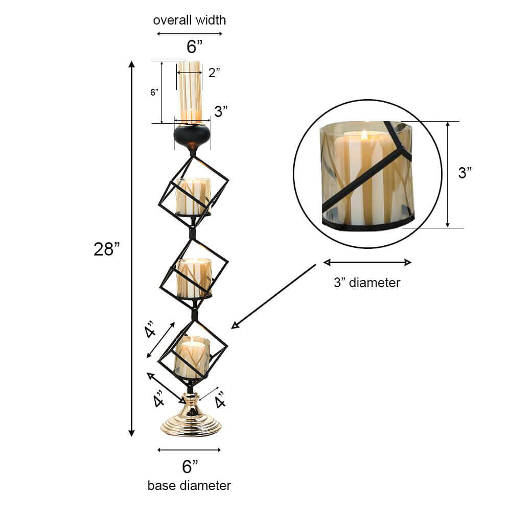 3-Tier Candle Holder Black Geometric Design with Amber Glass Votives & Gold Trim - Modern Decor for Weddings 28" Tall