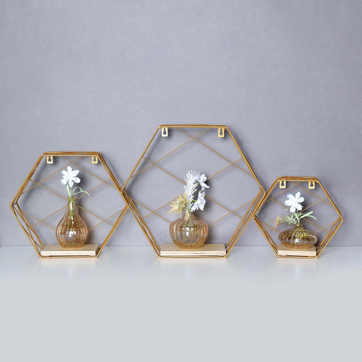 3 Pack Gold Hexagonal Floating Wall Shelves, Decorative Geometric Wall Mounted Shelves - 9",12",14"