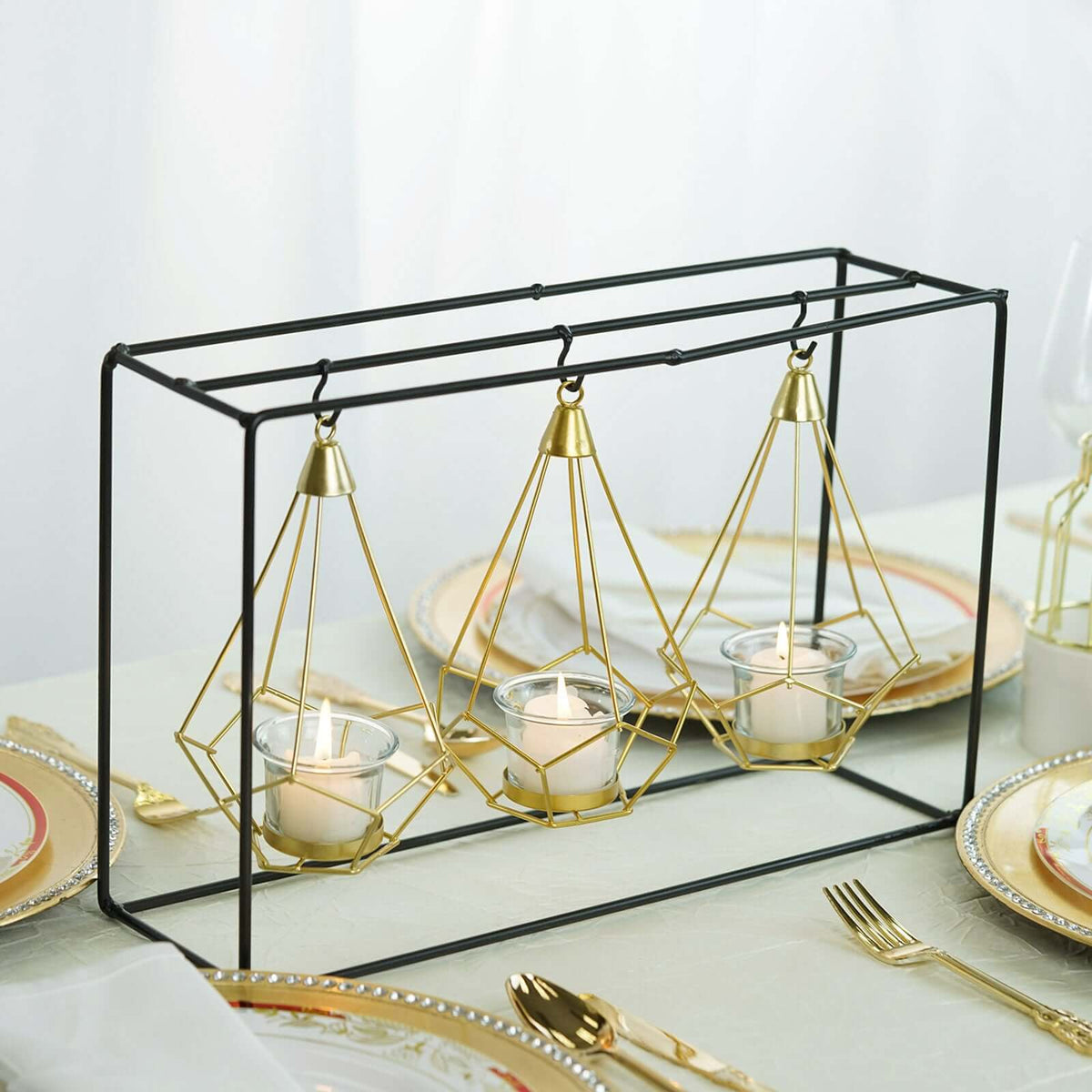 3-Pack Hanging Candle Holders Gold Geometric Design 8" with Black Iron Stand - Trendy Tealight Centerpieces for Tables 10" Tall