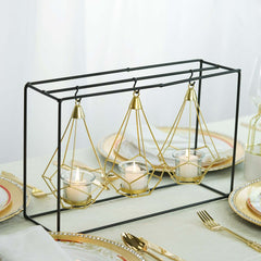 3-Pack Hanging Candle Holders Gold Geometric Design 8" with Black Iron Stand - Trendy Tealight Centerpieces for Tables 10" Tall