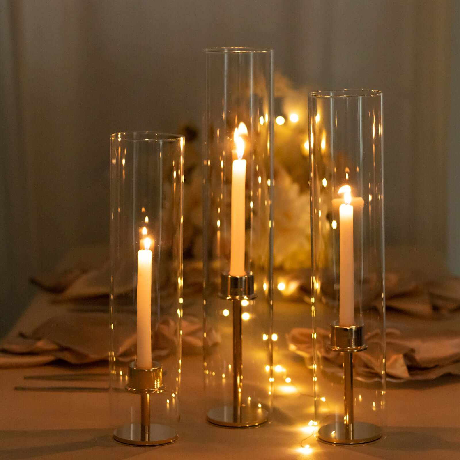 Set of 3 Clear Glass Hurricane Candle Sleeves 3.5" Wide - Chic Pillar Candle Shades Holder Table Centerpiece 15", 17", 19"