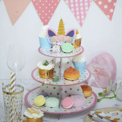 3-Tier Cardboard Cupcake Dessert Stand - Stable Treat Tower Display Holder for Unicorn Themed Girls Birthday Baby Shower Party Decor 15"