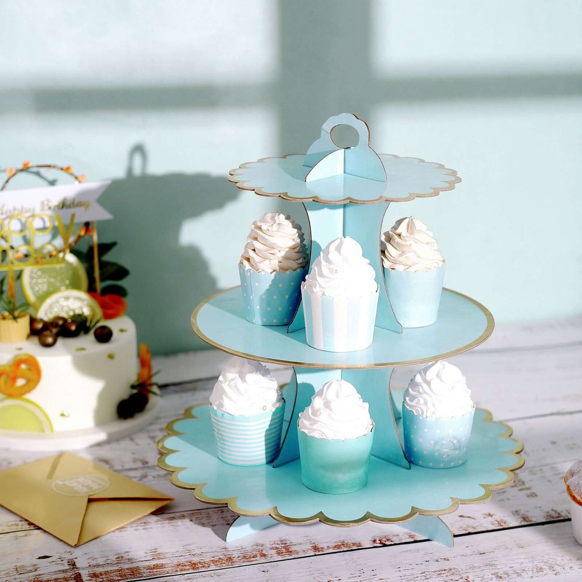 3-Tier Cardboard Cupcake Stand Light Blue - Sturdy & Collapsible Dessert Treat Tower with Gold Scalloped Rim for Baby Shower Wedding & Party Decor 13"