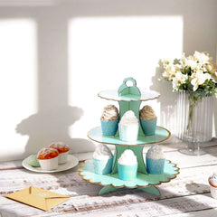 3-Tier Cardboard Cupcake Stand Mint - Sturdy & Collapsible Dessert Treat Tower with Gold Scalloped Rim for Baby Shower Wedding & Party Decor 13"