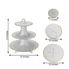 3-Tier Cardboard Cupcake Stand White - Sturdy & Collapsible Dessert Treat Tower with Gold Scalloped Rim for Baby Shower Wedding & Party Decor 13"