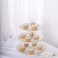 3-Tier Plastic Round Cupcake Stand 15" White with Lace Gold Rim Scalloped Edges - Multifunctional Space Saving Dessert Display Tower Pastry Serving Tray for Classy Events