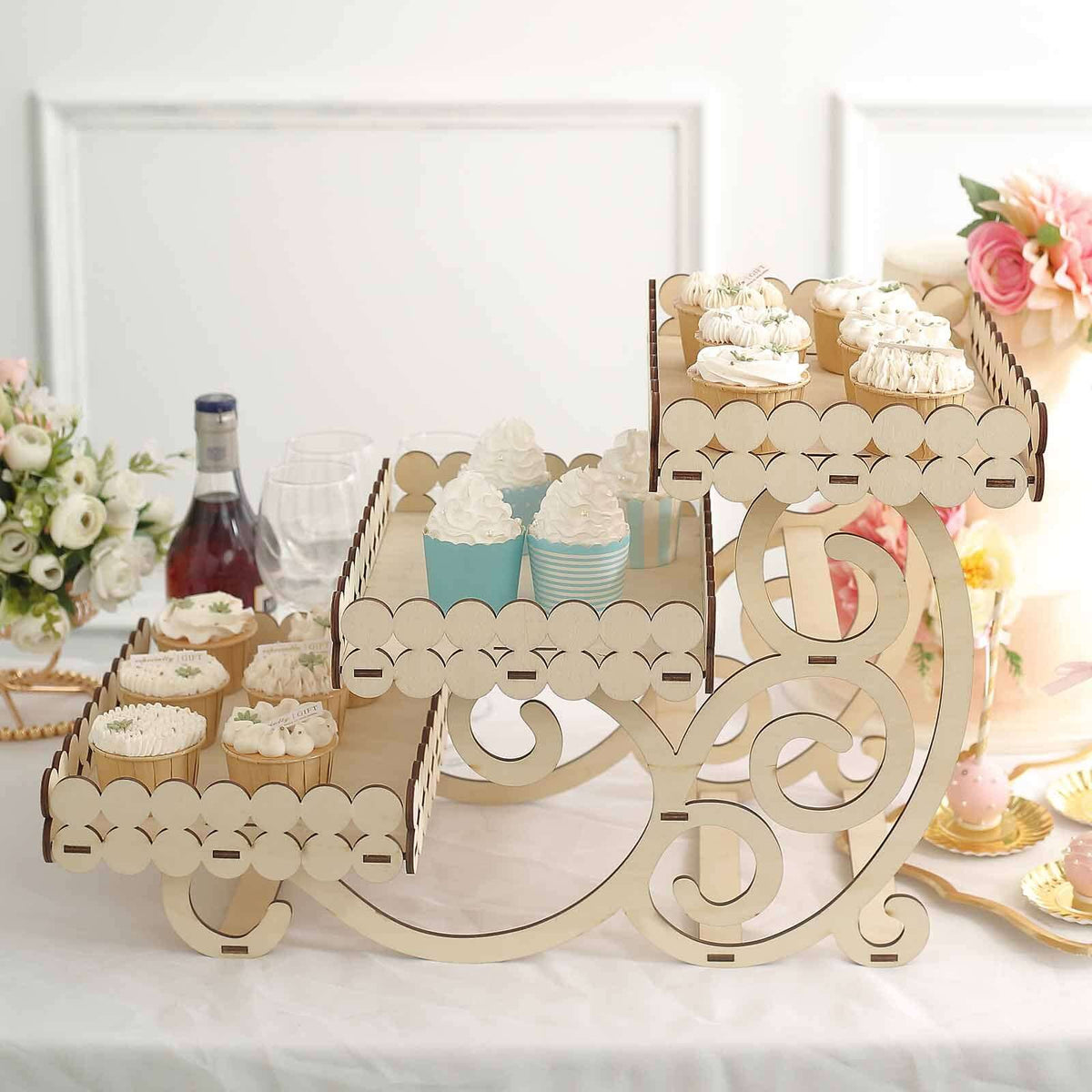 3-Tier Wooden Dessert Display Rectangular Laser Cutout Design Natural - Serving Platter Cupcake Mini Cake Tray 22"