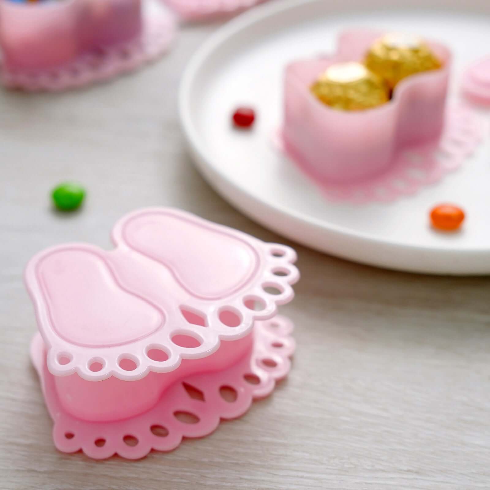 12-Pack Fillable Mini Candy Container in Baby Feet Style Clear/Pink - Unique Candy Treat Favor Boxes for Baby Shower 3.5"
