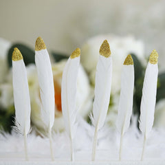 30-Pack Turkey Feathers Craft Feathers Glitter Gold Tip White - Decorative Feathers for DIY Party Projects