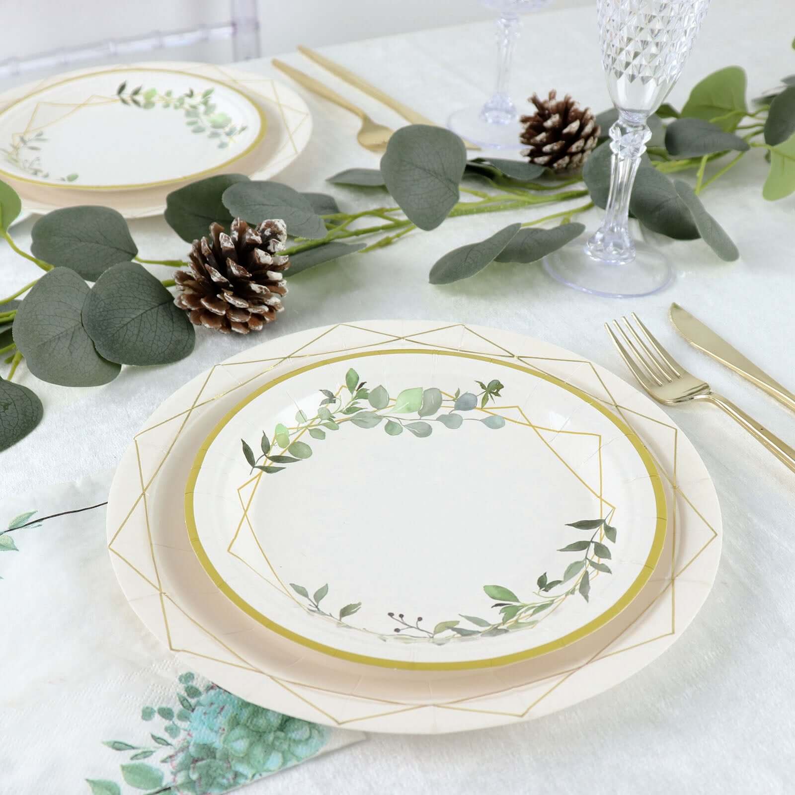24-Pack Paper 7" Round Dessert Plates in White with Eucalyptus Leaves & Gold Rim - Disposable 300GSM Salad Plates for Garden Weddings & Celebrations